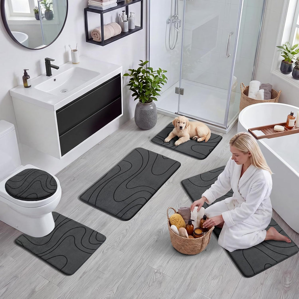 Bathroom Rugs Sets 5 Piece - Thick Memory Foam Bath Mat, Dark Grey | Ultra Soft, Extra Thick, Super Absorbent, Non