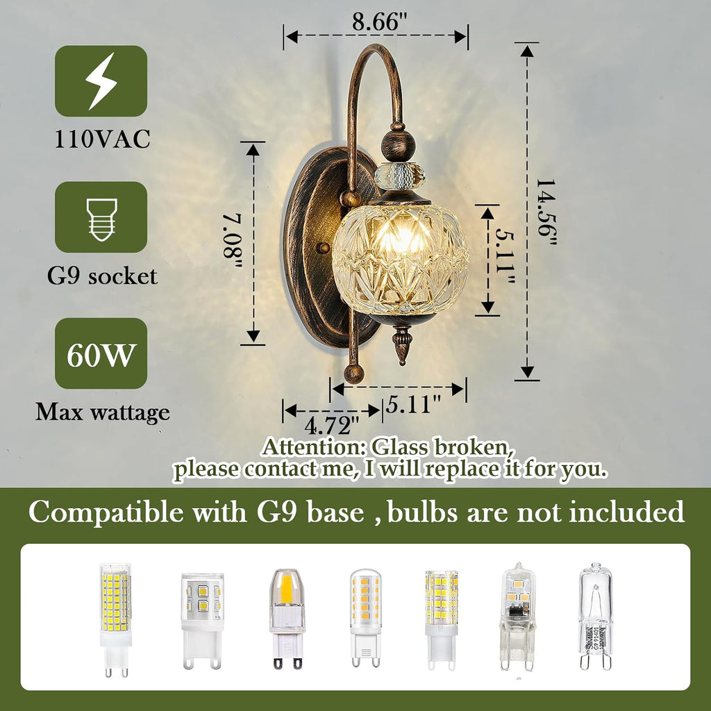 Vintage Bronze Wall Sconce with Glass Globe Shade Mid Century G9 Bulb Wall Light Indoor Wall Lamp for Bathroom
