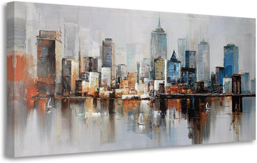 Brooklyn Bridge Wall Art Modern New York City Abstract Canvas Cityscape Painting Large Size Framed, Colorful NYC