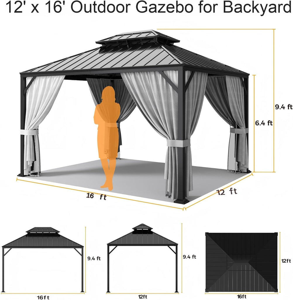 16'x12' Hardtop Gazebo, Update Aluminum Frame Gazebo with Galvanized Steel Double Roof