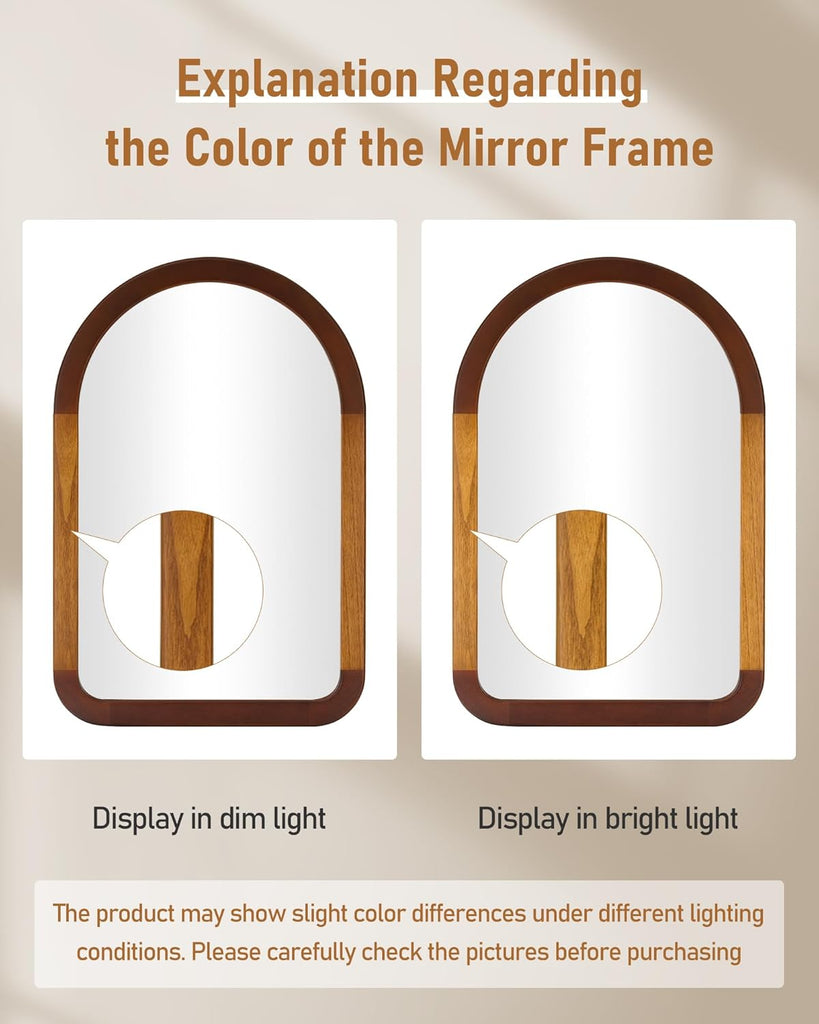 Arched Mirror 24 x 36 Inch,Brown Wood Rustic Bathroom Tempered Wall Mirror with Wood Frame,Round Corner Arch Farmhouse