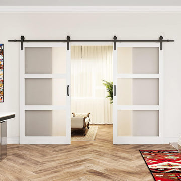 Double Sliding Barn Door,84in(Double 42”×84in Frosted 3 Panel Glass Barn Door,Water-Proof PVC Surfac
