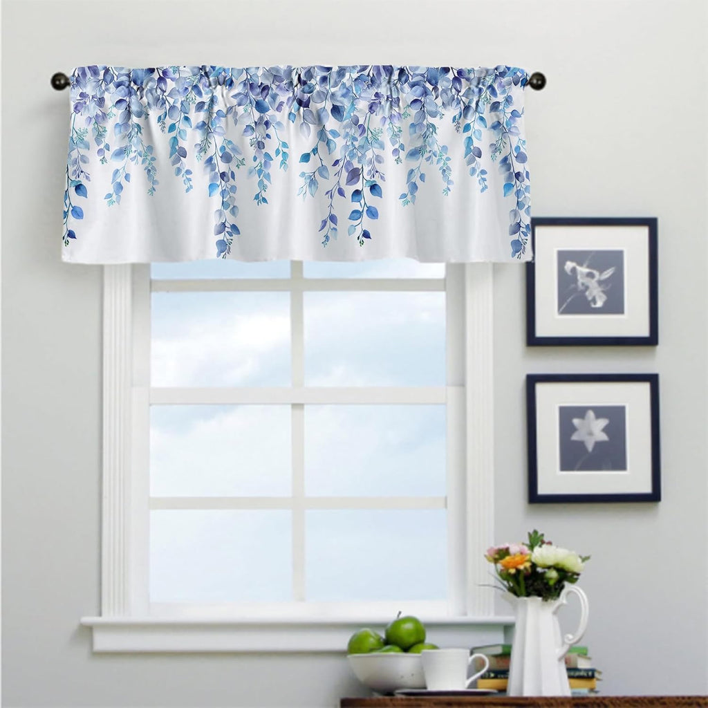 Valances for Windows Blue Eucalyptus Leaf Rod Pocket Cafe Window Treatments Valance Curtains for Kitchen Bathroom