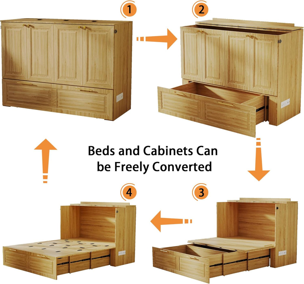 Murphy Bed Full: Oak 2 in 1 Murphy Bed Cabinet with Drawer, Wood Cabinet Bed with Charging Station, Modern Hidden