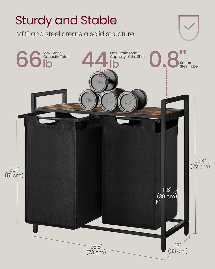 Laundry Hamper, Laundry Basket, Laundry Sorter with 2 Pull-Out and Removable Bags, Shelf, Metal Frame, 2 x 12.1