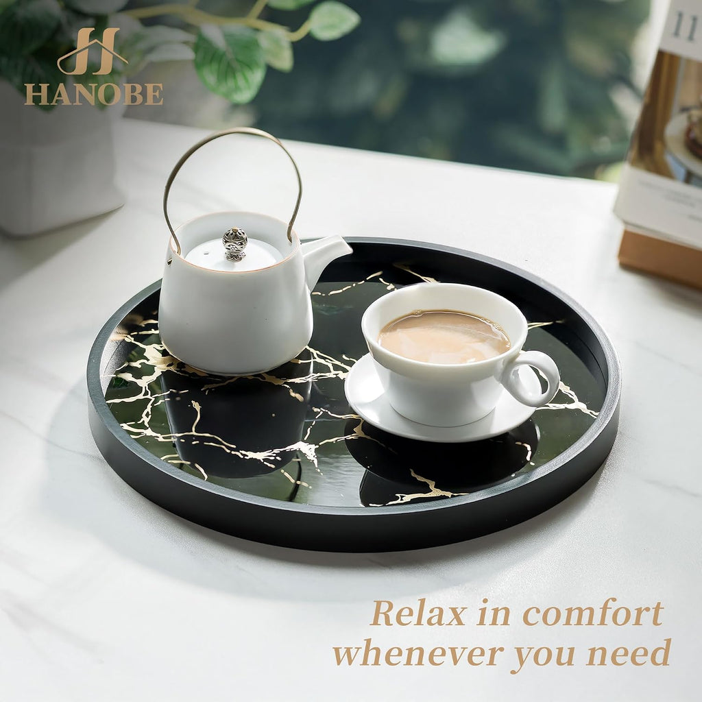 Decorative Tray Decor Round Serving Trays for Coffee Table | 11.8" Modern Black Imitation Marble Tray for Table