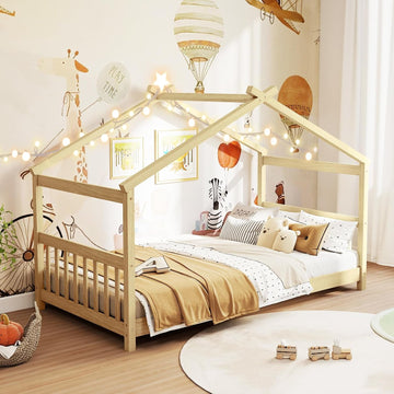 Twin Floor House Bed with Headboard & Footboard, Wood Floor Bed Frame with Roof for Boys & Girls, No Box Spring
