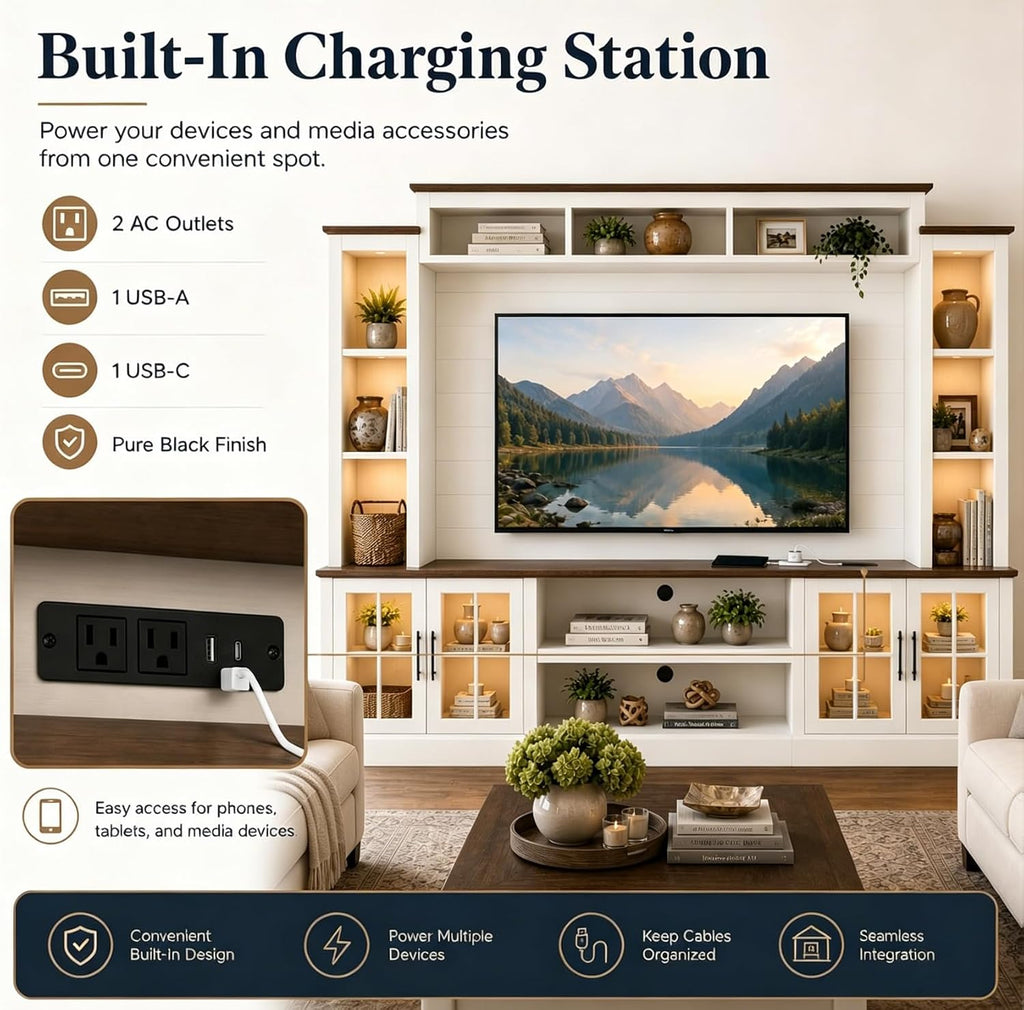 Farmhouse TV Stand 98" Entertainment Wall Unit with Barn Doors, Built-in Power Outlets, Open Bookshelves & Storage