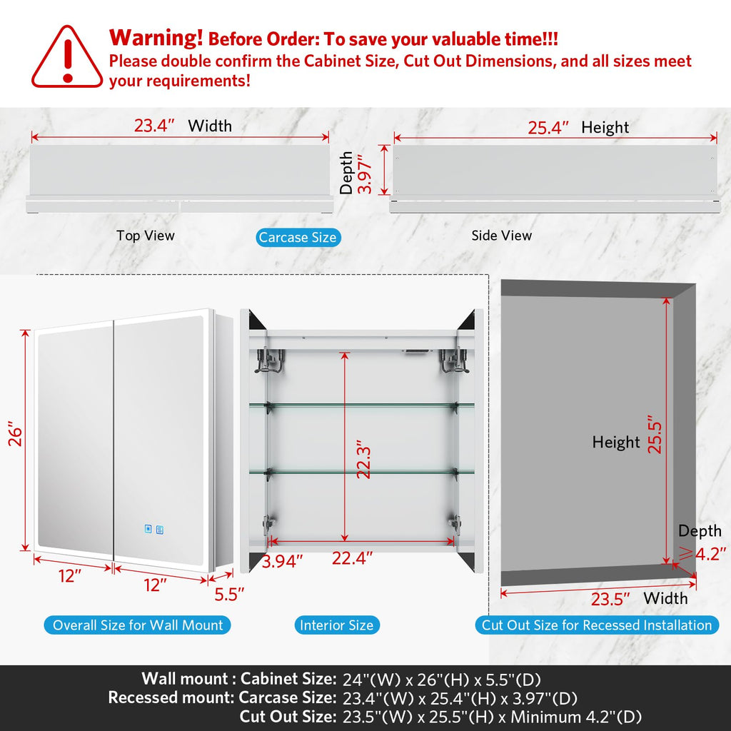 24"x26" LED Mirrored Medicine Cabinet, Recessed or Surface, 2-Door