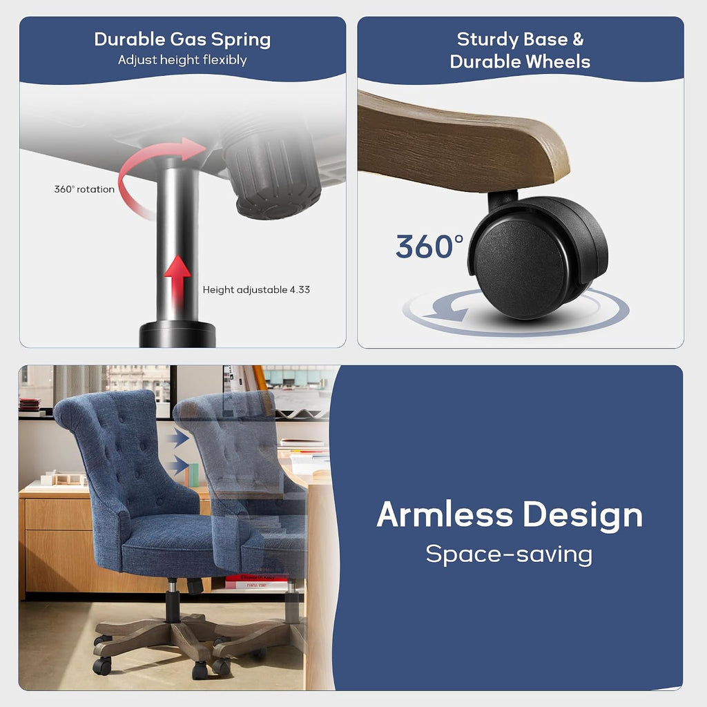 Home Upholstered Armless Desk Chair with Wheels Adjustable Height Computer Desk Chair with Wooden Legs Linen
