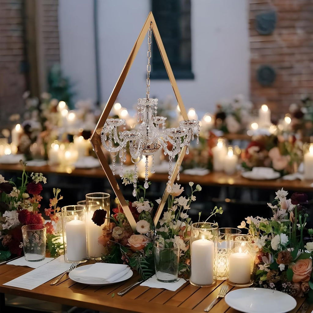 45" Gold Wedding Candelabra Set of 4 | Tall Crystal-Accent Centerpieces with Acrylic Diamond Drops for Reception