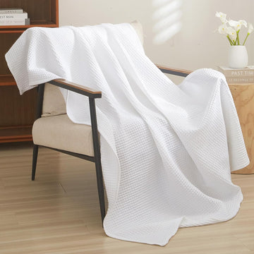 100% Cotton Waffle Weave Throw Blanket 50" x 60"-Lightweight Cozy Washed Soft Breathable Throw Blanket for Adults and Kids-Great Blanket Layer for Couch Bed Sofa-Elegant Home Decoration- White
