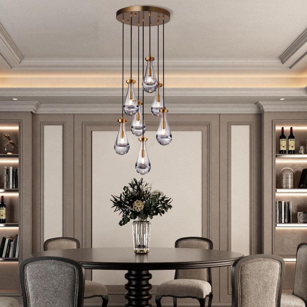 Raindrop Pendant Lights Kitchen Island Teardrop Gold Hanging Light Fixtures Clear Solid Glass Pendant Light Modern Chandeliers for Dining Room Porch Corridor Living Room (7-Light)