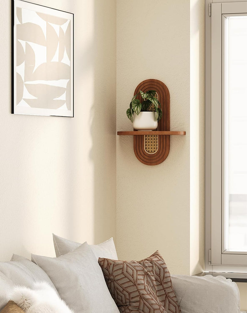 Floating Shelves for Wall, Boho Home Wall Decor,Rattan Plant Shelf Set of 2, Mid Century Small Decorative Shelf