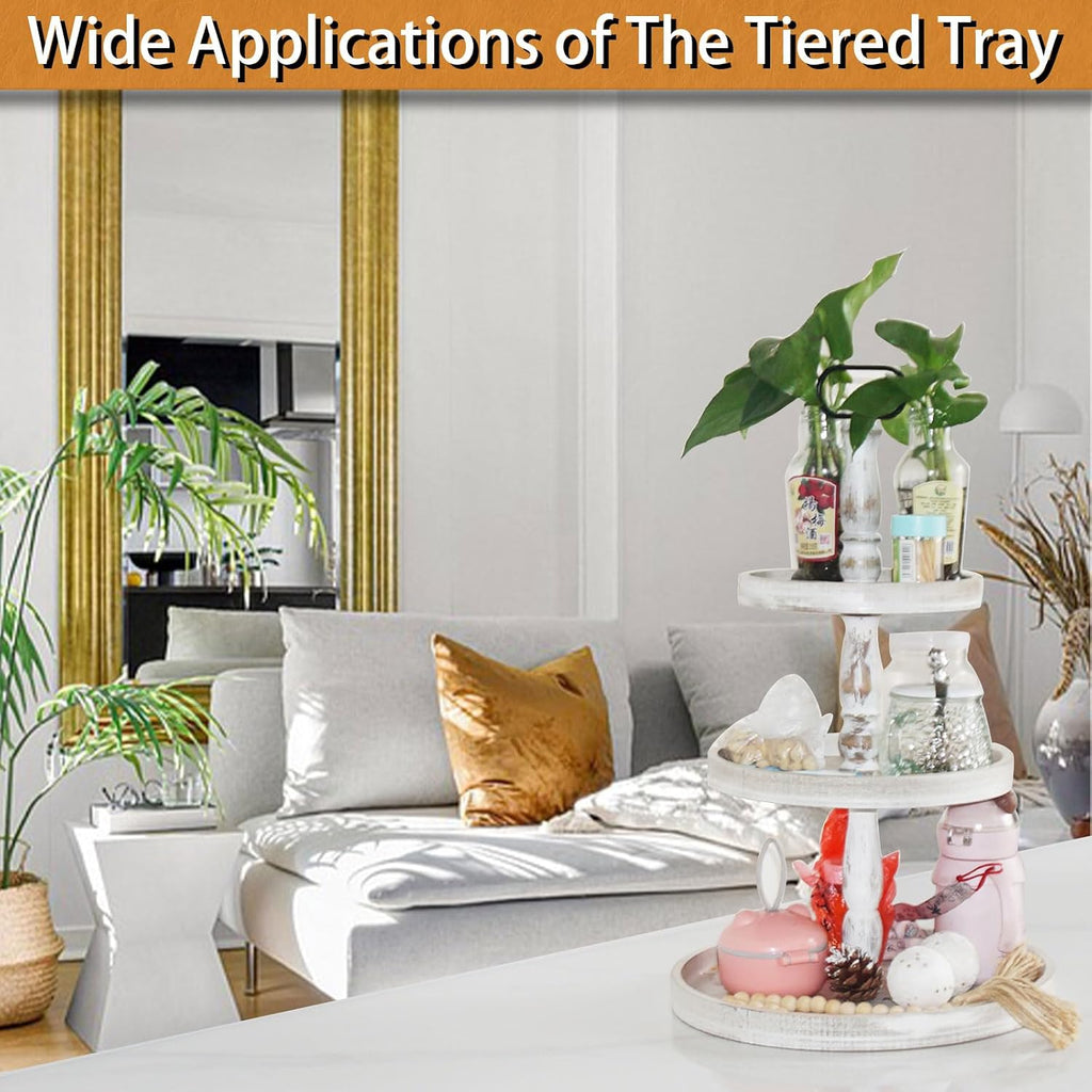 Decorative Tray - Cupcake Stand Three Tiered Tray Stand, Rustic Round Farmhouse Style Tiered Tray Decor, Farmhouse 3
