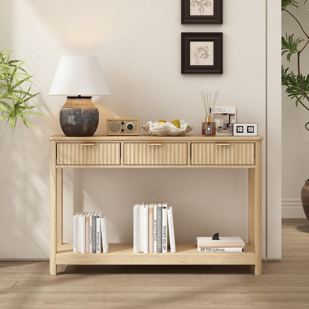 Fluted Wood Console Table with 3 Drawers, Boho Narrow Behind Couch Entryway Table with Open Storage Shelf, Modern