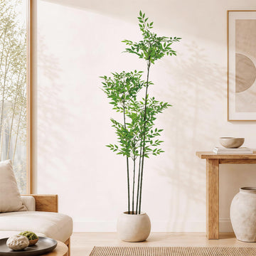 4.98ft Faux Nandina Domestica, Artificial Bamboo Potted Floor Plant, Realistic Low Maintenance Greenery for Indoor