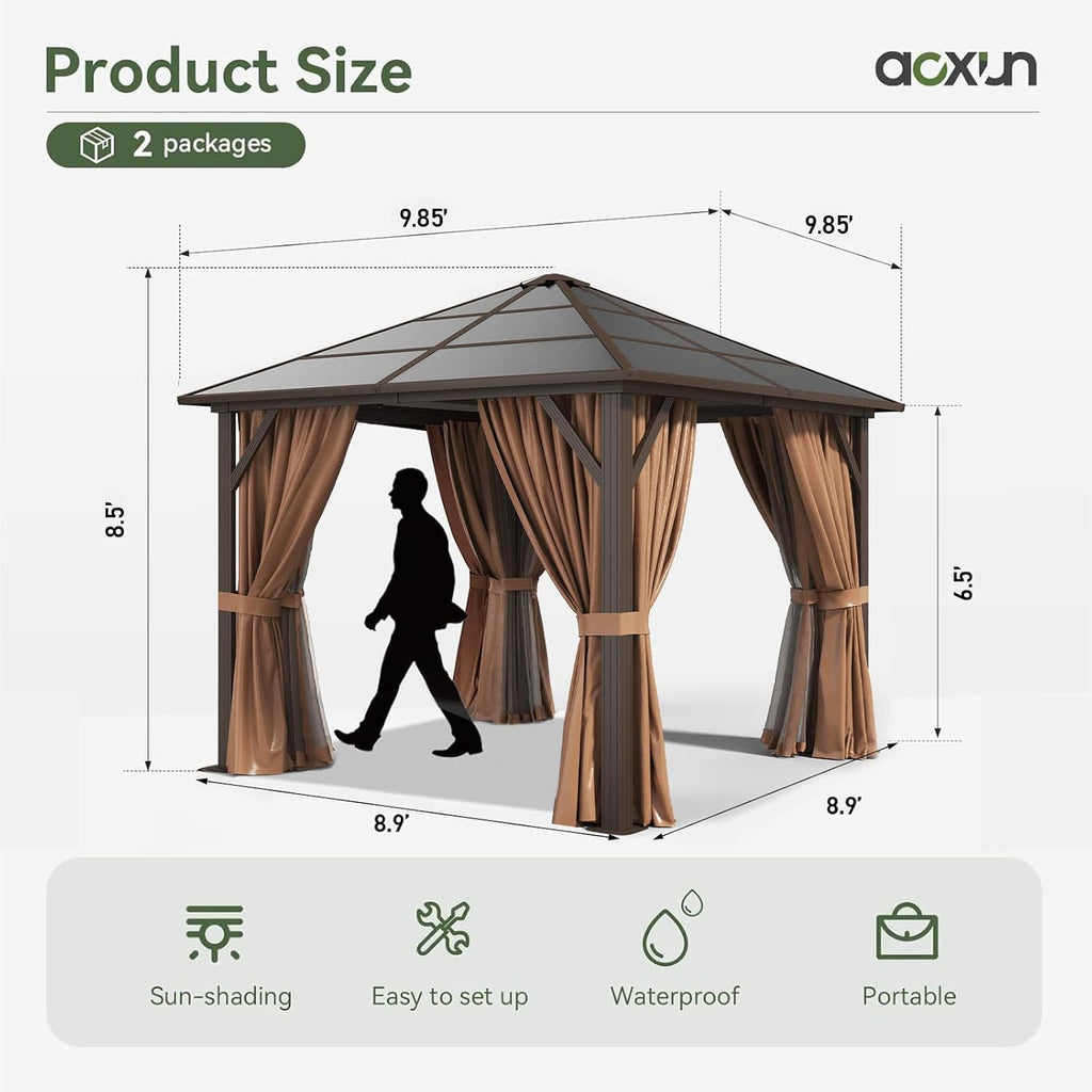 10'x10' Hardtop Gazebo, Outdoor Polycarbonate Top Canopy, Aluminum Frame Gazebo with Netting and Curtains