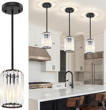 Black Pendant Light, Modern Crystal Pendant Lights Kitchen Island, Kitchen Island Lighting with Adjustable Height, UL