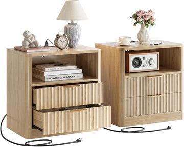 Fluted Night Stand Set of 2, Modern Nightstand with Charging Station, Drawers and Open Shelves - Bedside Table Wood