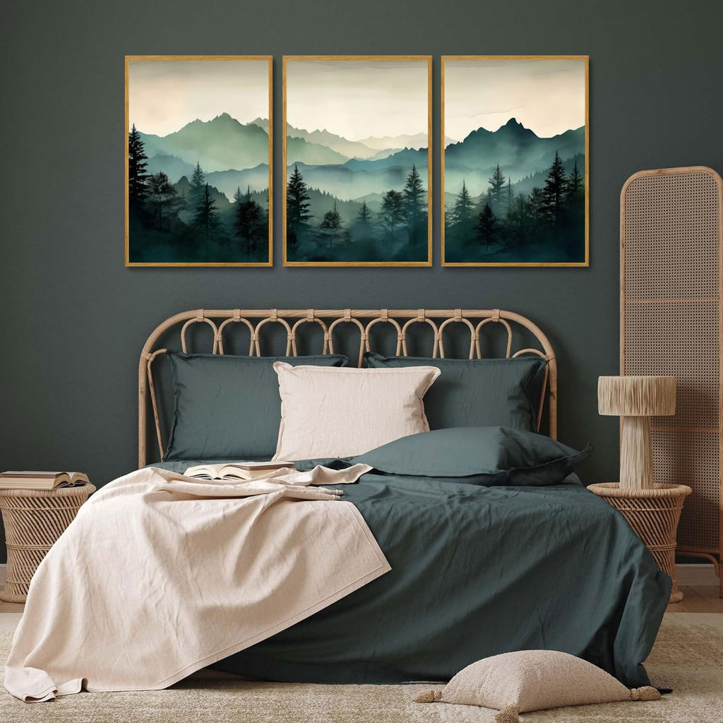Framed Mountain Wall Art Set of 3 Sage Green Forest Canvas Prints Nature Landscape Watercolor Pictures Wall Decor