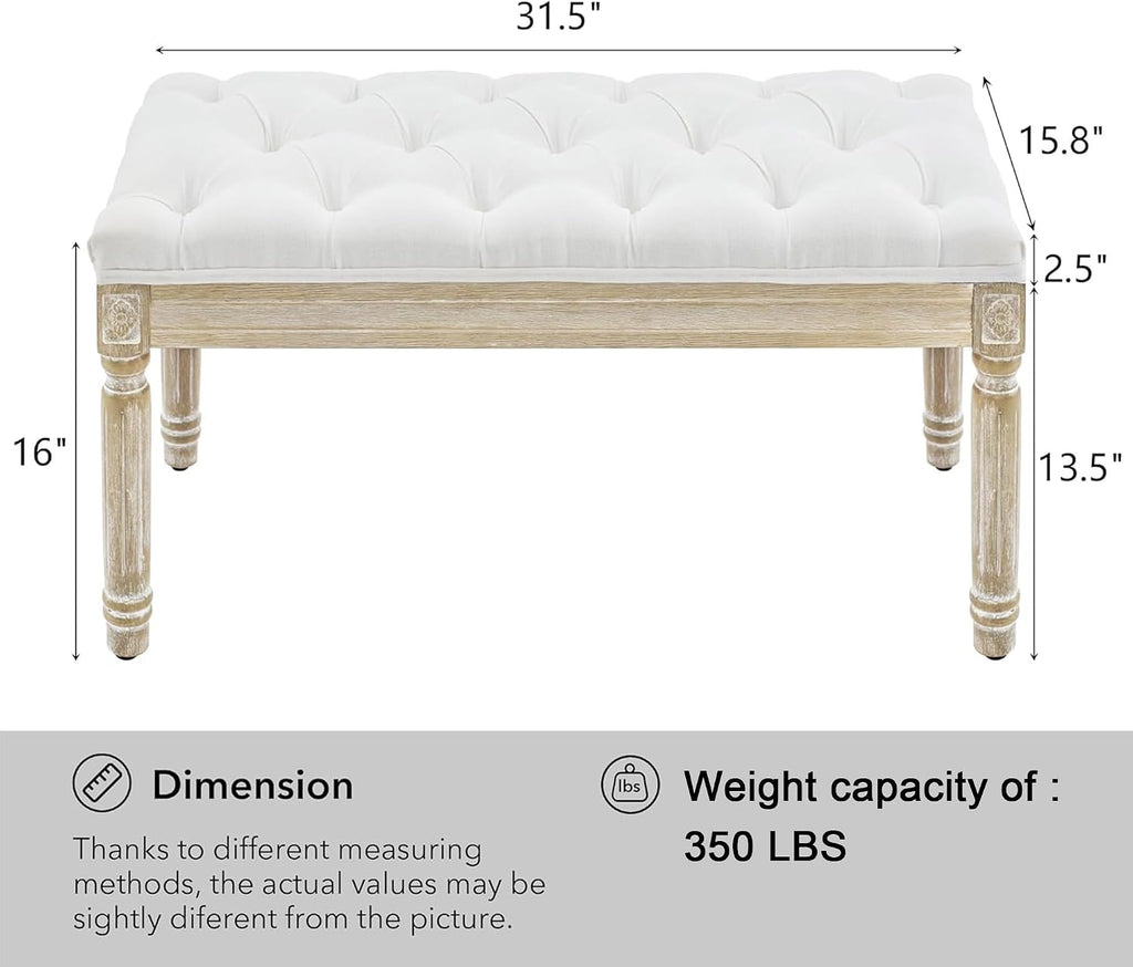 French Vintage Bench, Linen Fabric Entryway Bench, Upholstered Tufted End of Bed Bench with Brushed Wood Legs, White
