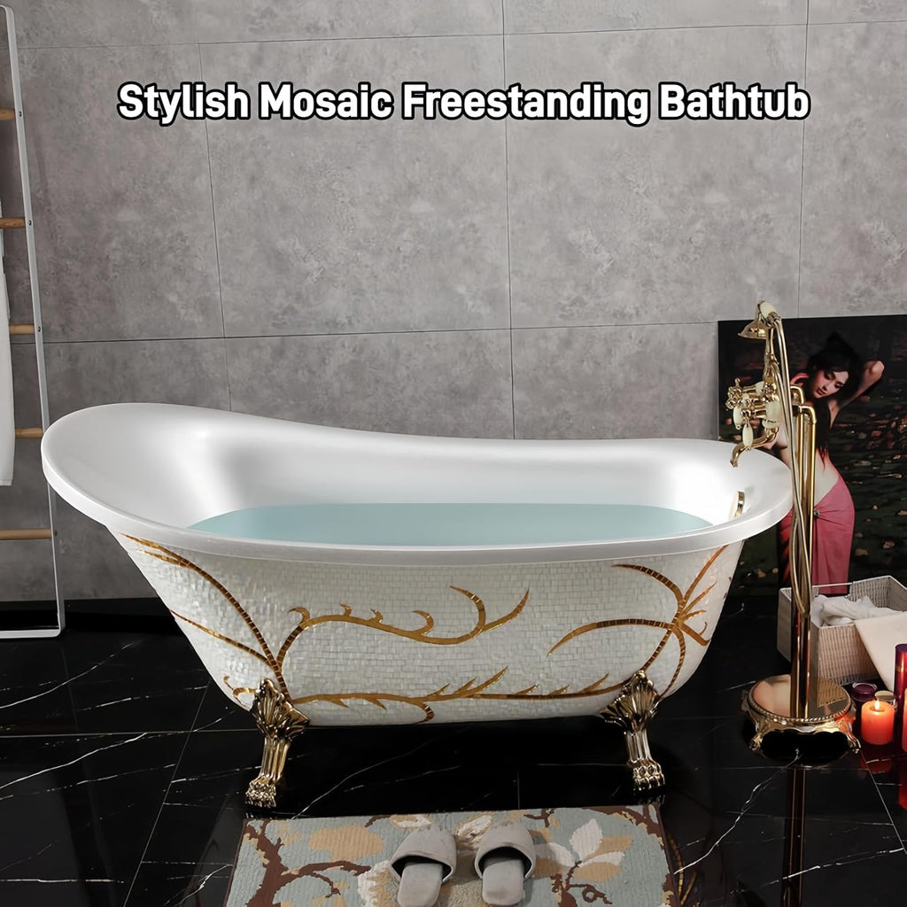 54" Edeyeu Freestanding Bathtub - Solid Surface Soaking Tub With Gold Clawfoot Elegance, Designer Free Standing