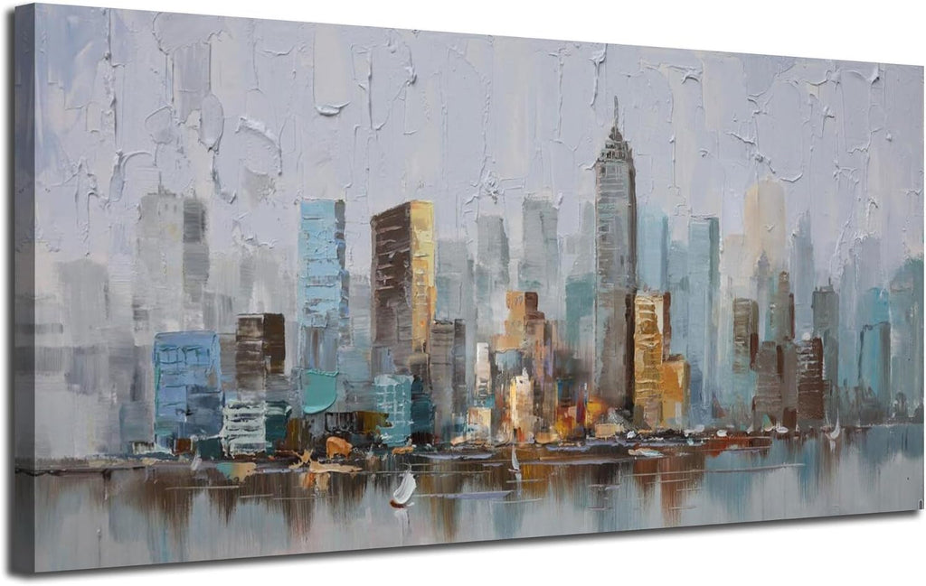 Abstract Cityscape Canvas Wall Art New York City Painting Modern Skyline Colorful NYC Grey Blue Picture