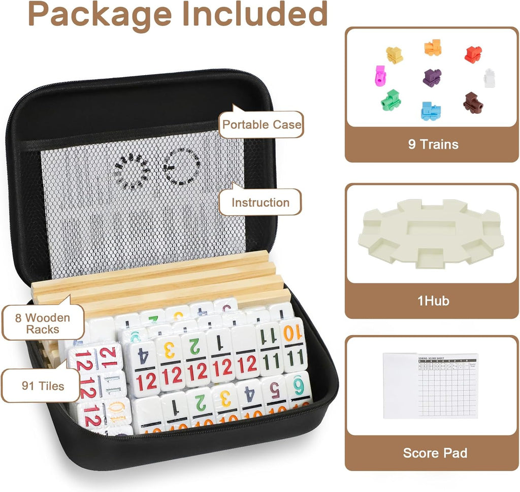 Mexican Train Dominoes Set with Numbers and 8 Wooden Trays/Racks, Double 12 Dominos Travel Set with 8 Tiles Holders