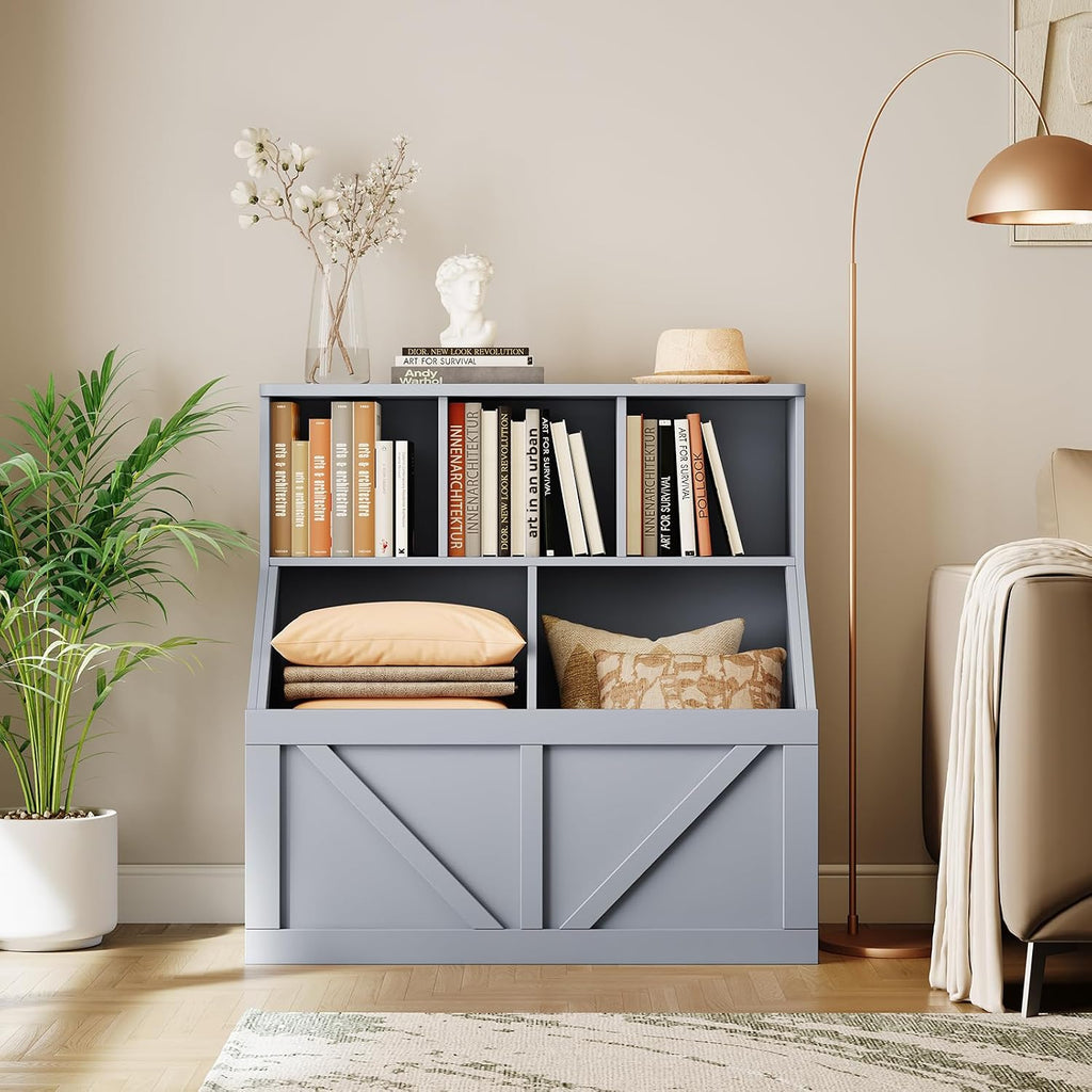 Kids Bookshelf and Toy Storage, Kids Toy Storage Organizer, Grey | Toy Organizer with Storage Cabinet and Cubby