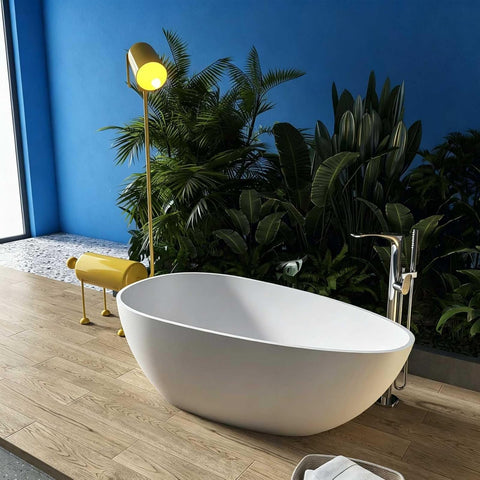 59 Inch Freestanding Tub, Egg Shape Soaking Bathtub, Solid Surface Stone Resin Free Standing Tubs