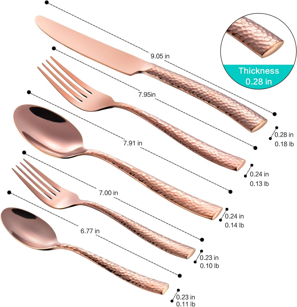 Silverware Rose Gold Hammered Heavy Flatware Set Cutlery Set Stainless Steel Mirror Finished Utensil 20 Pieces Spoons