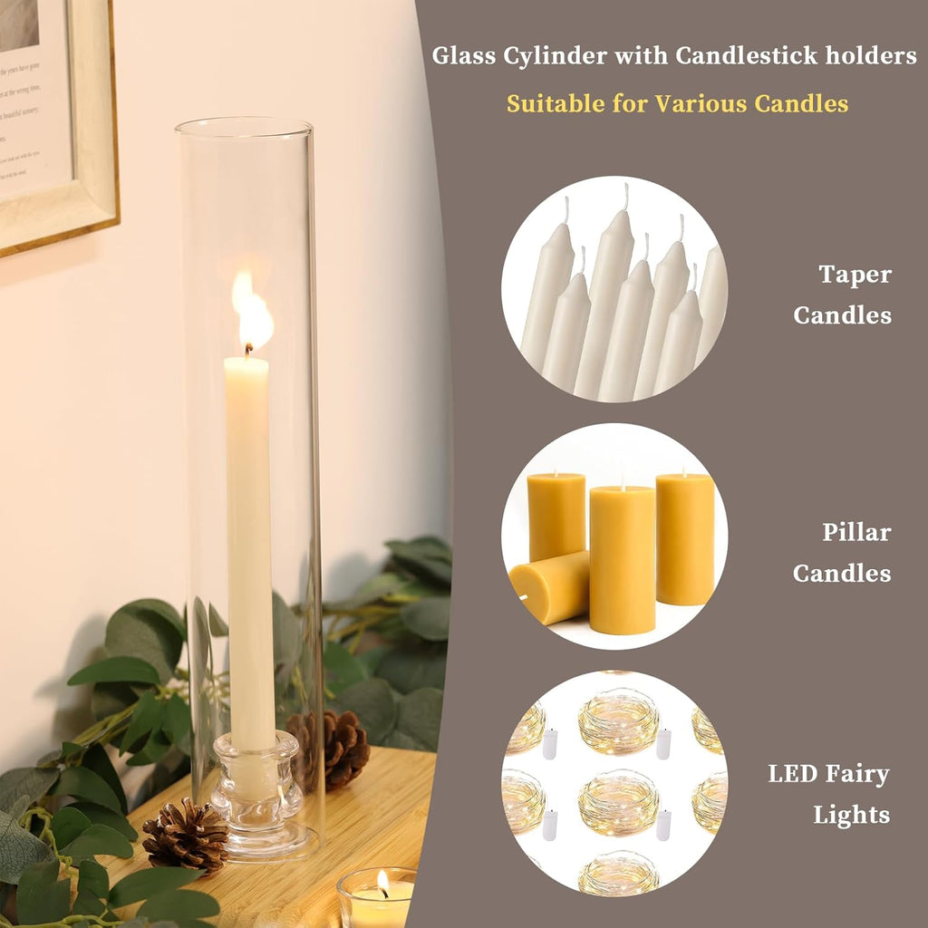 Hurricane Glass Candle Holders- Set of 6 Candlestick Holders for Taper Candles with Windproof Cylinder Covers 14"