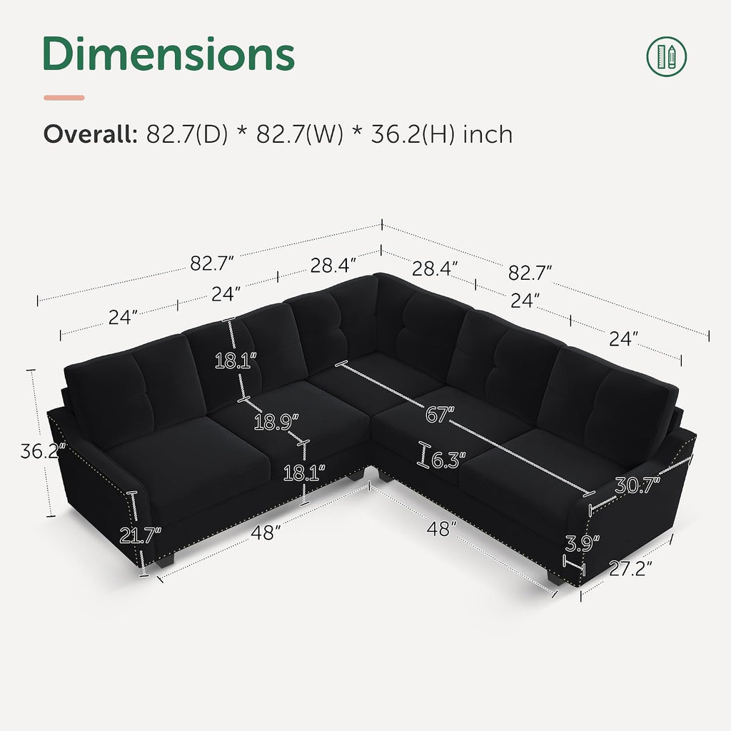 Convertible Sectional Sofa L Shaped Couch for Small Apartment Reversible Sectional Couch ,Velvet Black