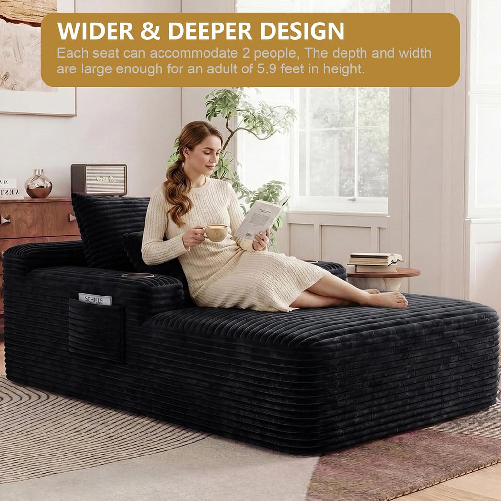 65" Oversized Chaise Lounge Chair Indoor, Boneless Chaise Lounge Chair with Cup Holders Side Pockets 3 Pillows, Cloud