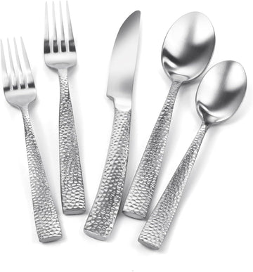 Matte Silver Hammered Flatware Set Stainless Steel Silverware Set 20 Pieces Cutlery Set Service for 4