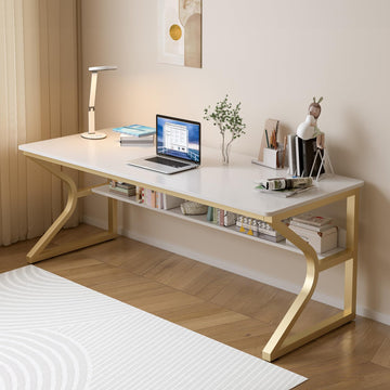 63-Inch Extra Long Desk with Storage Shelf, Gold