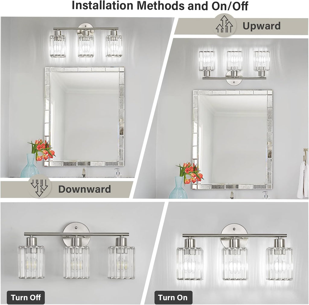 3 Light Bathroom Light Fixtures, Modern Crystal Vanity Lights over Mirror | Metal Frame, Bathroom Light with Square
