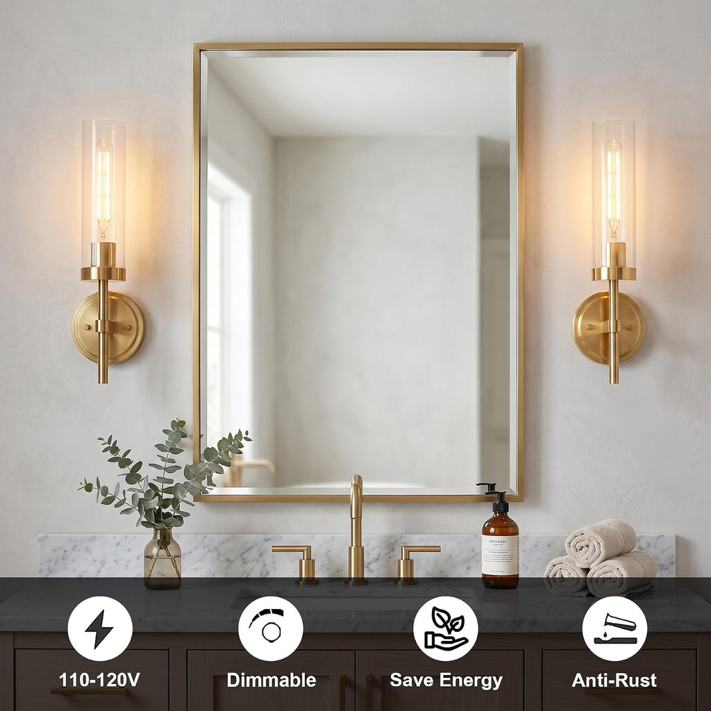 Hardwired Gold Wall Sconces Set of 2, Modern Bathroom Sconces Wall Lighting Vanity Light Fixtures with Clear Glass