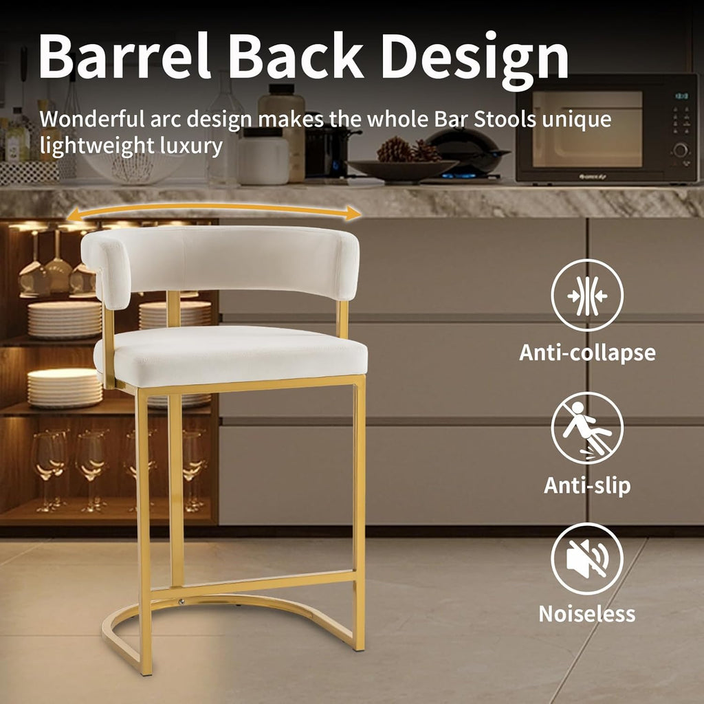 Set of 2 Beige Modern Velvet Bar Stools with Barrel Backrest, Upholstered Seat, and Gold Metal Footrest - 25.6-Inch