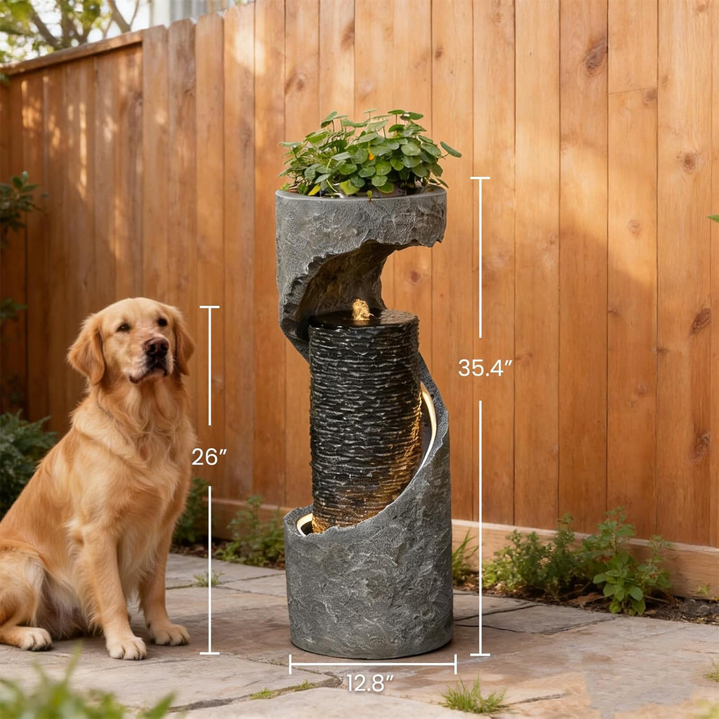 35.5" H Water Fountain with Planter, Modern Spiral Waterfall for Outdoor and Indoor