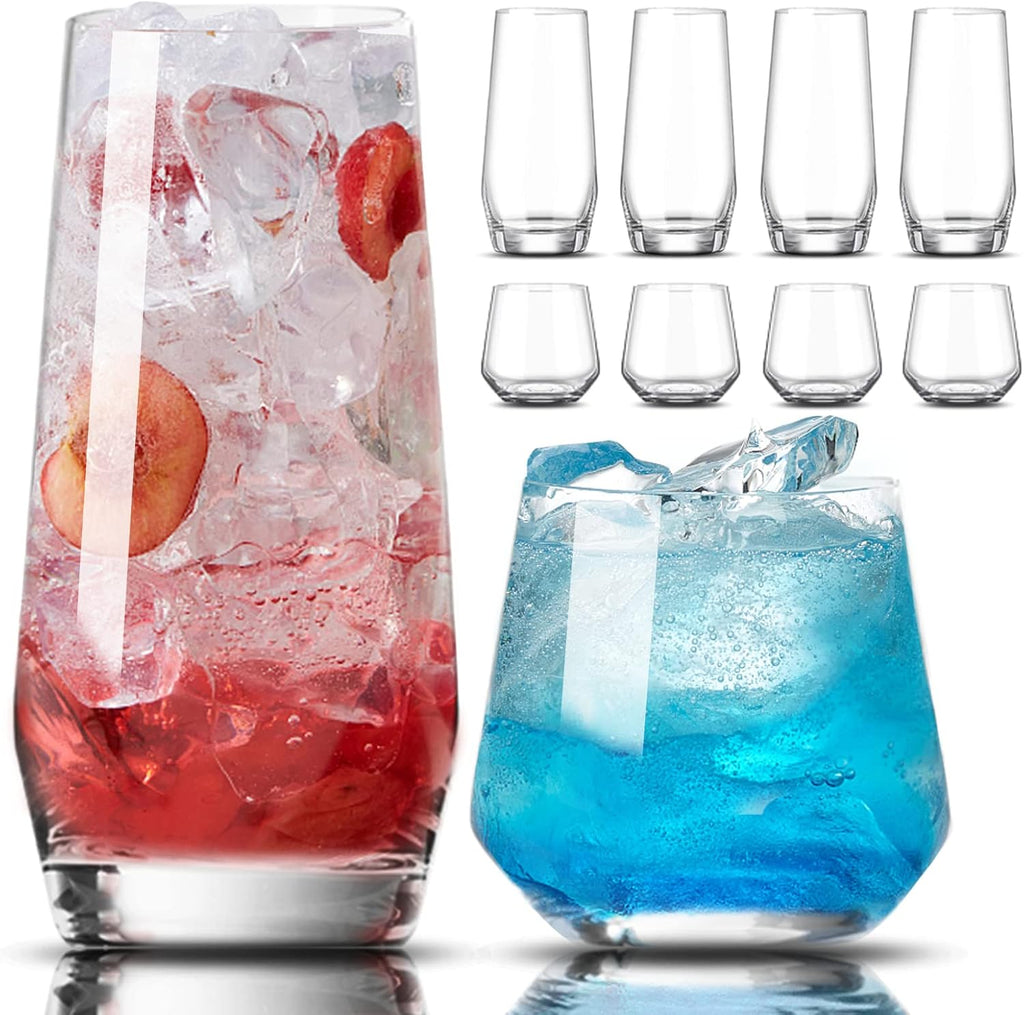 Drinking Glasses Set of 8-4 Tall Glass Cups 18 oz & 4 Short Stemless Wine Glasses 13 oz, Highball Glasses, Glassware