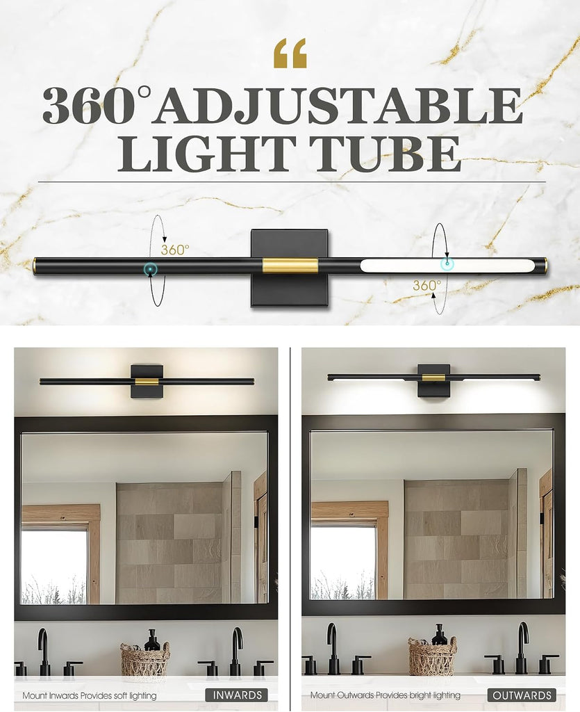 30 Inch Bathroom Light Fixtures, 16W 3CCT Dimmable Black and Gold LED Vanity Lighting Fixtures Over Mirror