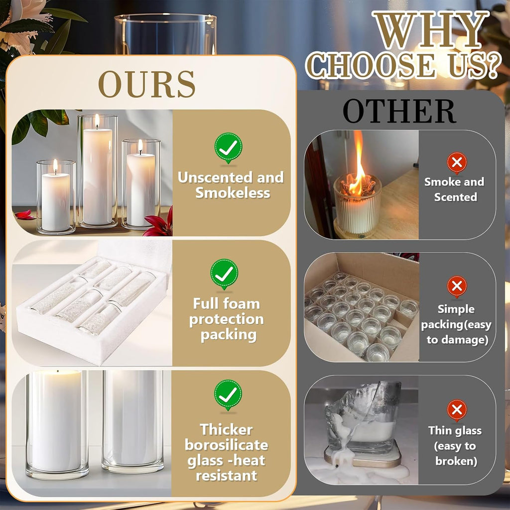 12 PCS White Pillar Candles with Glass Candle Holders Clear Hurricane Candle Holders Glass Cylinder Vases for