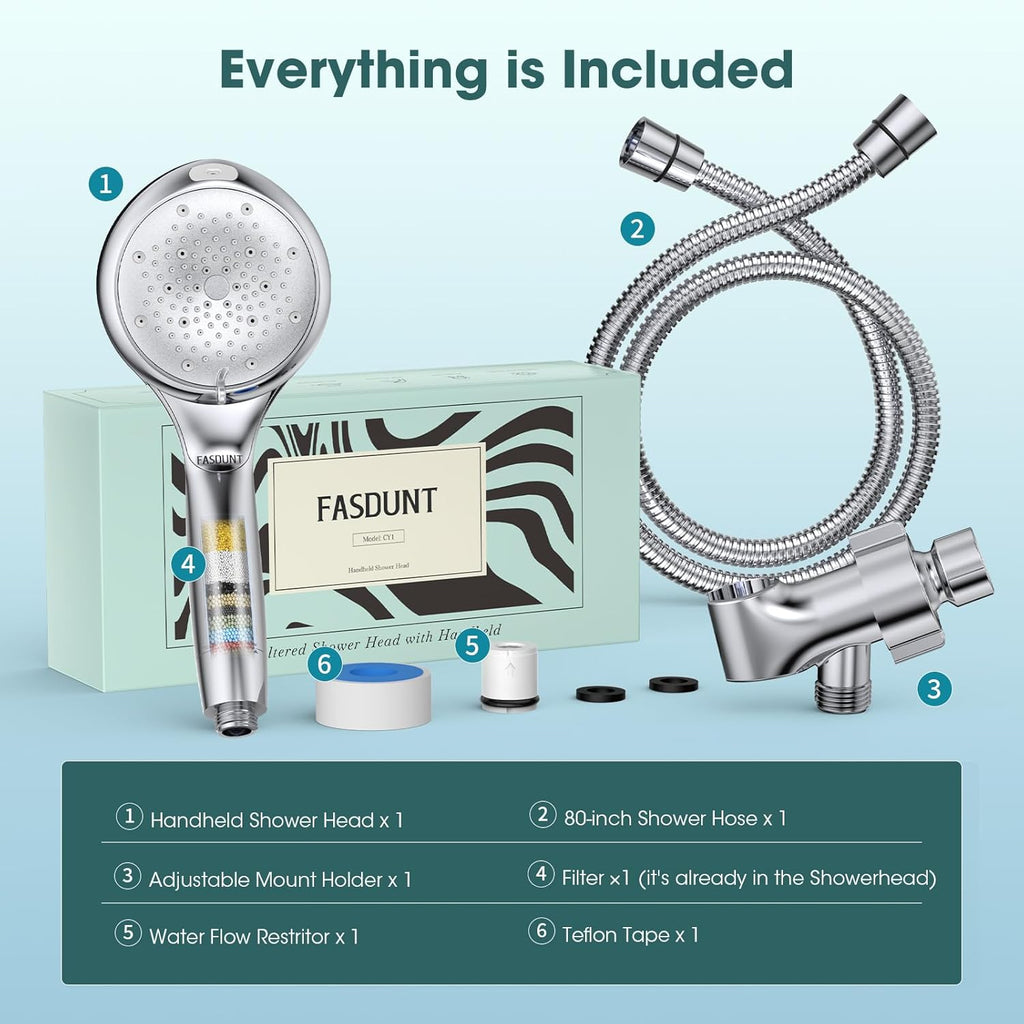 Shower Head with Handheld, High Pressure 8-Mode Filtered Shower Head with 80" Extra Long Stainless Steel Hose & Adjustable Bracket, Built-in Filter for Hard Water -Remove Chlorine, Chrome