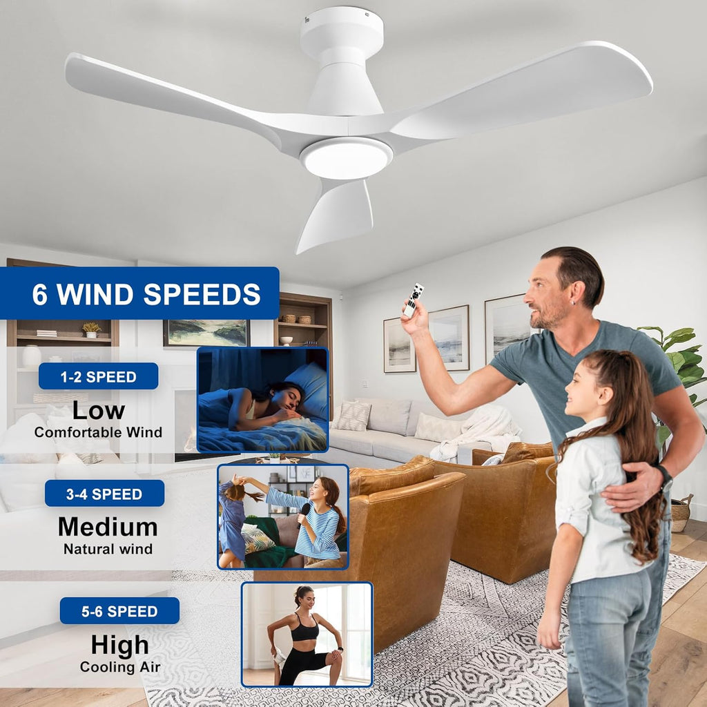 42-Inch Flush Mount Low Profile Ceiling Fan with Dimmable LED Light and Remote - White, 3 Blade, Ultra Quiet DC Motor