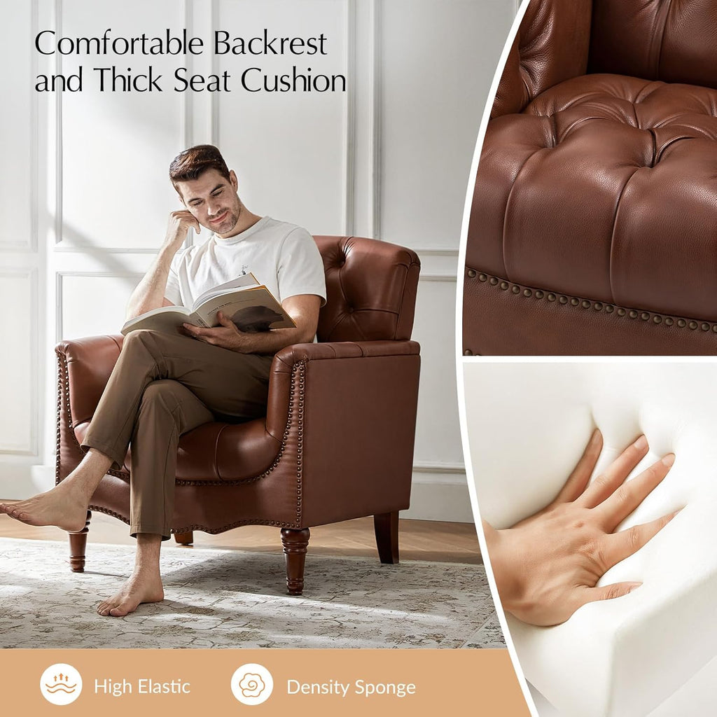 Mid Century Modern Genuine Leather Accent Chair, Brown