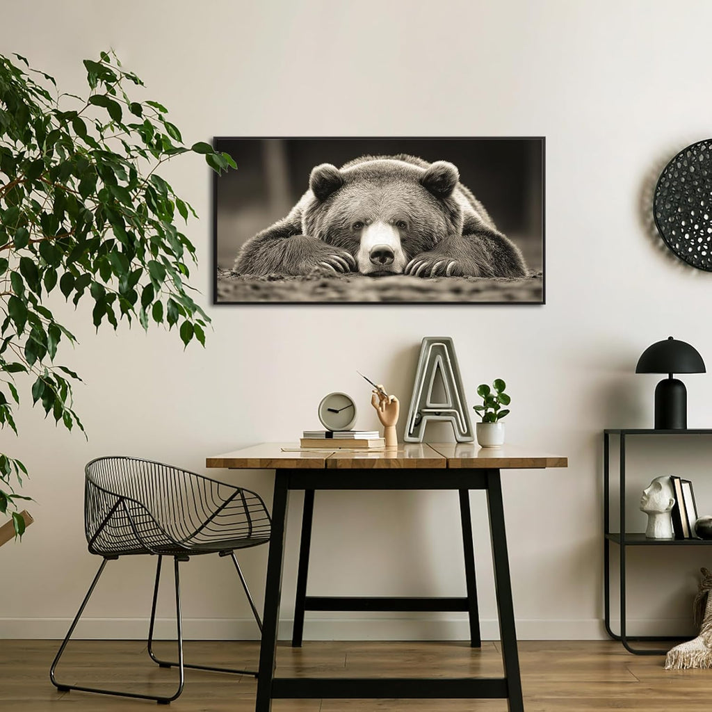 Grizzly Bear Wall Art Brown Animal Canvas Print with Black Floater Frame Rustic Woodland Decor Bedroom Cabin