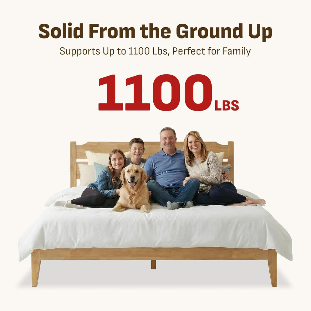 Queen Solid Wood Bed Frame with Headboard, 1100 Lbs Heavy Duty Rubberwood Platform Bed, 15-Min Tool-Free
