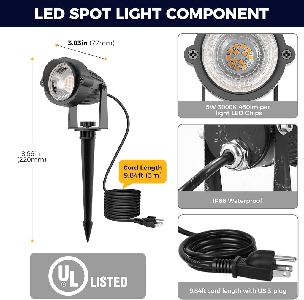 5W Dusk to Dawn Outdoor Spotlight 3000K Landscape Light 2 Pack | Auto On/Off Landscape Lighting, IP66 Waterproof Plug